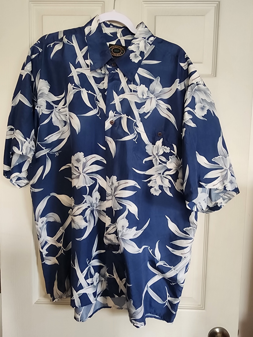 Men's Silk Navy Floral Short-Sleeve Button-Down Shirt Xl